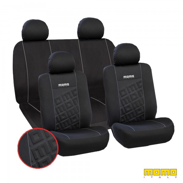 SET COMPLETO CUBRE ASIENTOS MOMO COCHE 11 PIEZAS NEGRO Y GRIS