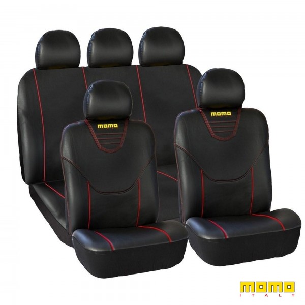 SET COMPLETO CUBRE ASIENTOS MOMO COCHE 11 PIEZAS COLOR NEGRO/ROJO