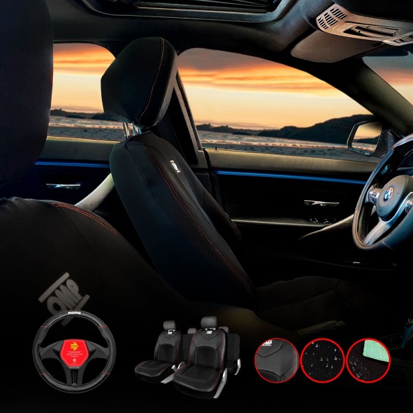 PACK UNIVERSAL JUEGO DE FUNDAS PARA ASIENTOS DE COCHE OMP SPEED 11 PIEZAS + FUNDA VOLANTE MOMO CARBON COLOR NEGRO