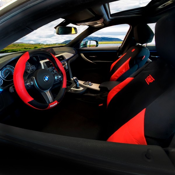 PACK UNIVERSAL JUEGO DE FUNDAS PARA ASIENTOS DE COCHE OMP SPEED 11 PIEZAS + FUNDA VOLANTE MOMO TUNING COLOR ROJO