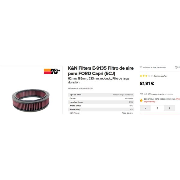 FILTRO FORD CAPRI (ECJ) K&N E-9135